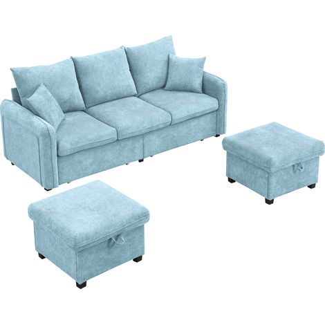 ELVMI Divano angolare trasformabile 3 Posti modulare con contenitore, 2 Pouf contenitore e 2 Cuscini, in Ciniglia Blu (1/5)
