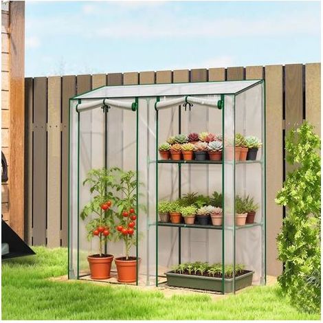 Vertikales Gewächshaus mit 2 Regalböden und 3 Ablageflächen, aus Kunststoff und Stahl, 143 x 45 x 151 cm, dunkelgrün und transparent