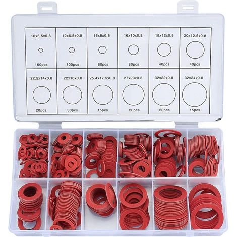Kit Assortiment 600 Rondelles Fibre Joints Plats 12 Tailles Acier Rouge Papier