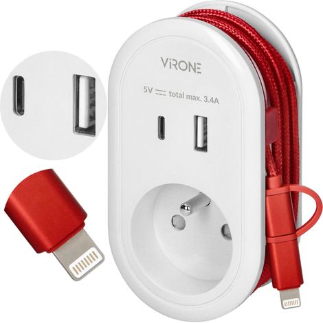 Adaptateur de recharge 3 en 1 - USB Type A + C - Noir - Compact - Avec câble Lightning - Pratique pour les voyages (1/4)