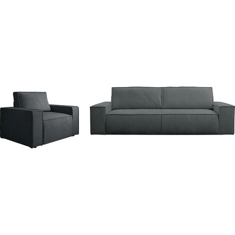 Canapé 4 places convertible et fauteuil en velours côtelé gris anthracite AMELIA (1/5)