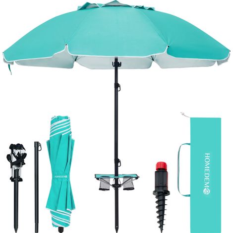 HOMEDEMO Parasol de Jardin Exterieur Inclinable, Parasol de Plage avec Table Pliante & Pieds de Parasol à hélice à Visser & Housse de Protection, UV50+, pour Terrasse, Plage, 217cm, Bleu clair (1/5)