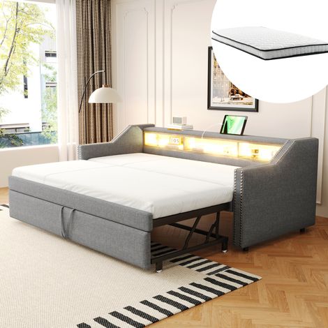 Lit gigogne 90 x 190 cm rembourré gris clair avec rangement, LED et USB, 2 matelas inclus (1/5)
