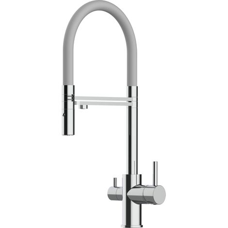 Rubinetto 3 vie miscelatore cucina cromato con canale separato per acqua filtrata, canna grigia movibile e doccia due getti staccabile (1/8)