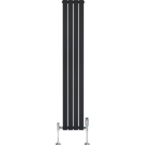 Radiateur Plat à 1 Colonne & Vannes 1800 x 280 mm en Acier Noir Chauffage Centrale Moderne Verticale Monté Sur Mur Cuisine Salle de Bain [Brosse de Nettoyage & Supports INCLUSES]