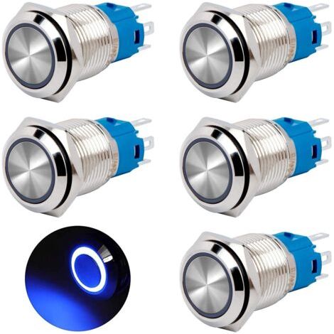 BUNTHAUS Bouton Poussoir Momentané 16mm Interrupteur Poussoir 12V/24V DC 3A Étanche Interrupteur à Bouton-poussoir en Laiton Chromé avec Lumière LED Anneau Bleu 5 Pièces