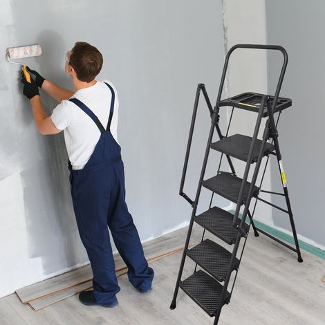 Échelle 5 marches pliante acier,plateau à outils et pédales antidérapantes. Structure solide et portable pour la maison. (1/5)