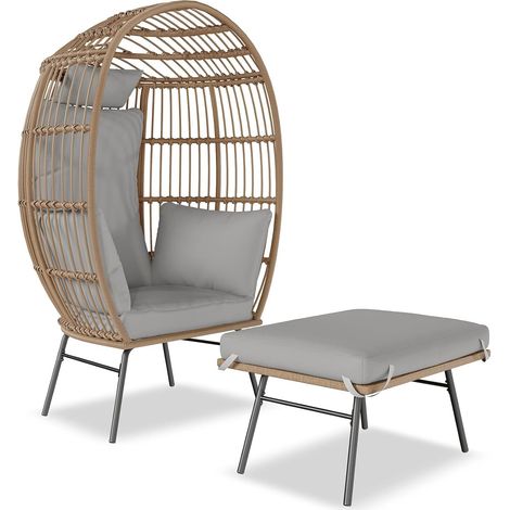 Fauteuil en rotin en Forme de Panier, Chaise en rotin avec Coussin d'assise, Fauteuil de Jardin surélevé pour Balcon, terrasse, métal, gris 95 x 71 x 145 cm (1/5)
