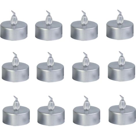 Bougies LED Décoratives à Flamme Jaune Vacillante sans Fumée en Plastique Argenté, Lot de 12 Lampes à Bougies LED Diamètre 3,6 Cm Hauteur 3,6 Cm, pour Fêtes Et Décoration Intérieure (1/5)