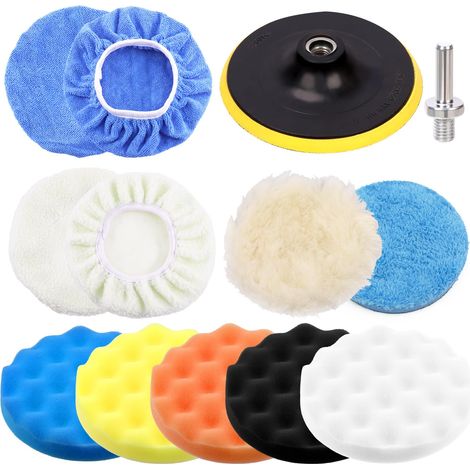 13 PCS 7 Pouces Tampons de Polissage Ensemble, Kit de Polissage Voiture, Mousse de Cire, Tampon de Cire, Accessoire pour Perceuse Électrique et Polisseur avec Adaptateur M14 (1/5)