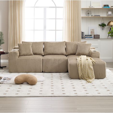 Sofá modular 257x90-160x62 cm caqui en pana con chaise longue, 5 cojines, bolsillos laterales y portavasos (1/5)