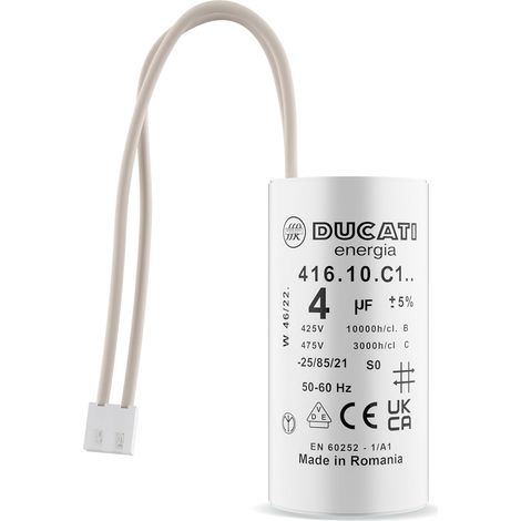 Ducati Energia – Condensateur 4 uF pour moteur de volet roulant Bubendorff – Durée de vie 10 000 heures – Connecteurs intégrés – Plastique gris – 55 mm x 25 mm
