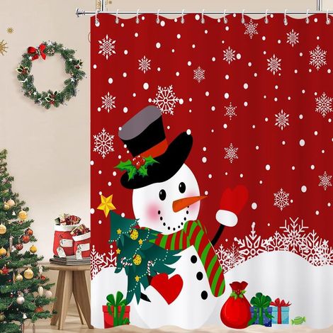 Rideau De Douche Noel - Bonhomme De Neige Flocons De Neige Arbre De Noël - Tissu Imperméable Lavable En Machine - 183 Cm L X 213 Cm H (1/5)