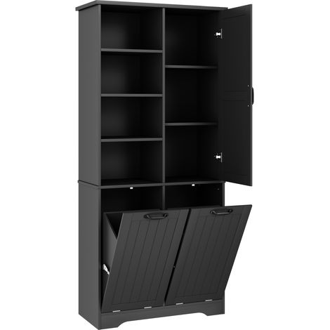 Armoire de salle de bain noire en MDF 78 x 35 x 172 cm avec peinture hydrofuge, 2 paniers à linge et 4 étagères ouvertes (1/5)