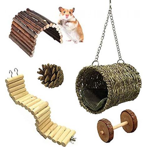 MINE Jouet de Hamster,5 Accessoires de Jouet, Pont Échelles, Balançoire Jouet,Naturel Jouet Molaire Perché Hamac, Jouets pour Hamster, écureuil, Furet, Cobaye, Chinchilla, Perroquet (5 Pcs) (1/5)