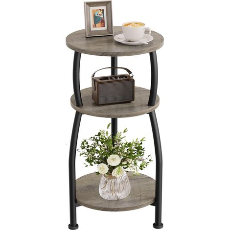 Table d'appoint ronde, fine, à 3 niveaux, petite table d'appoint avec étagère de rangement, table de chevet pour salon, chambre à coucher, petit espace, cadre en métal, 30 x 55 cm (gris) (1/5)
