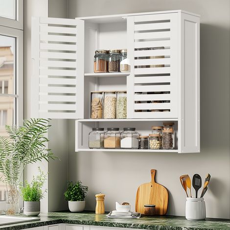 Unho – Armoire murale de salle de bain 60x20x70cm – Fixation murale – 3 étagères – Bambou durable – Finition blanche élégante