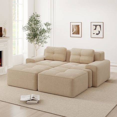 Cloud Modulsofa Boneless U-förmiges Sofa, bequemes Corduroy-Cloud-Sofa, Modulares Sofa mit Ottoman, Modulares Zweisitzer-Sofa, 2-Sitzer Sofa mit Tiefem Sitz für Wohnzimmer, Montagefreies Sofa, Beige