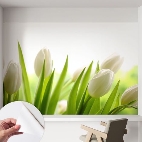 Papier peint adhésif décoratif pour chambre et salon Design moderne à poser facilement Tulipes blanches 152x104 cm (1/5)