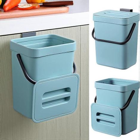 Composteur de cuisine, petite poubelle suspendue avec couvercle hermétique, 5 litres, composteur mural pour cuisine/salle de bain/camping-car (bleu) (1/5)