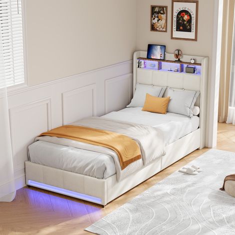 Letto singolo 90x200 cm con cassetti, testiera contenitore, LED integrati e porte USB/Type-C, in lino, beige