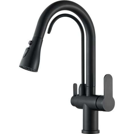 Robinet de cuisine 3 voies robinet d'évier de cuisine avec filtre à eau eau robinet de cuisine 3 en 1 avec douche extractible,Couleur Noir, Or… (1/5)