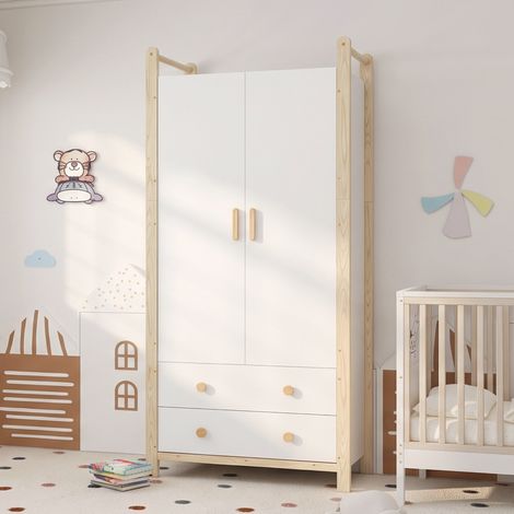 Armoire 2 portes avec penderie et 2 tiroirs, 90 x 45 x 180 cm, blanc et pin - REDOM (1/5)