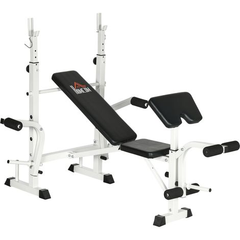 Banco de musculación multifunción con soporte para barra, prensa de piernas y curl predicador (1/5)