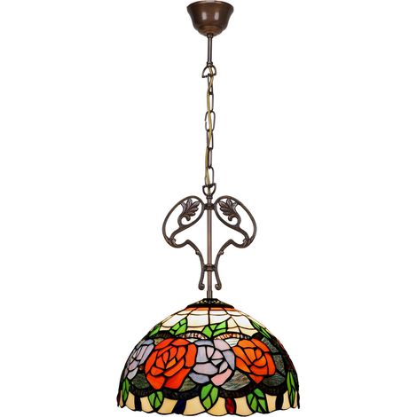 Lampe à suspension avec chaîne et ornement en fonte avec abat-jour Tiffany diamètre 30 cm Série Rosy