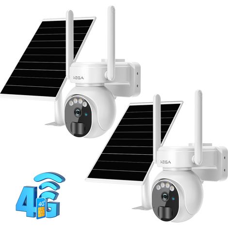 Xega Lot de 2 Caméra de surveillance extérieure 4G solaire 2K, batterie 10000mAh, rotation 355°/90°, vision nocturne, audio bidirectionnel, carte SIM 300 Mo incluse (1/5)