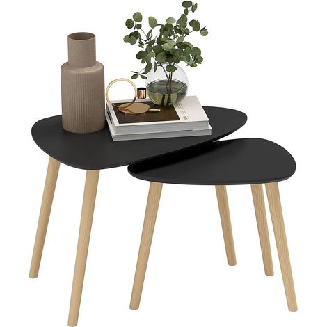 Lot de 2 tables basses gigognes design scandinave pieds en bois et plateau en bois, noir (1/5)
