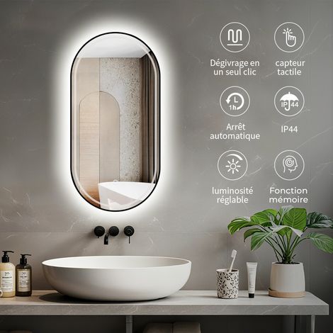 Miroir rectangle arrondi LED 50x100 cm  lumière réglable 2700 6000 K, anti-buée et cadre aluminium noir (1/5)