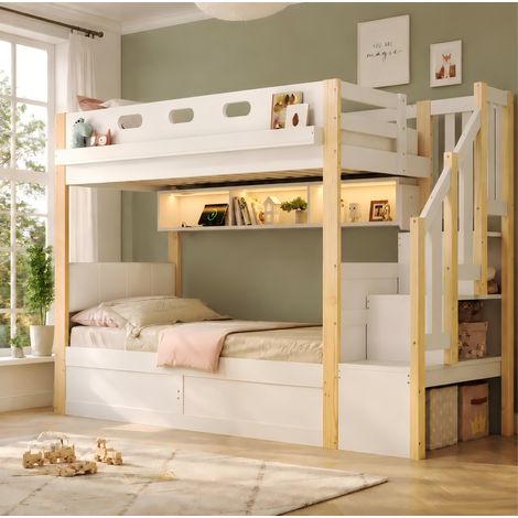 Lit superposé enfant 90x200 cm en bois blanc avec rangement, gain de place, sans matelas – MEUBLIV (1/5)