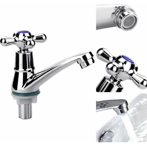 Basin Faucet Single Cold Faucet Basin Mixer Taps Single Handle Water Nozzle Cold Water Tap Bathroom Cloakroom Sink Tap Chrome Cross Handle Bathroom Faucet with Filter for Bathroom Kitchen (1/4)