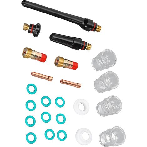Set mit 23 WIG-Schweißzubehörteilen, Glasdüse, Dichtung, Unterlegscheibe, Gasschlauch, Werkzeugsatz für WP17/18/26-Brenner. (1/5)