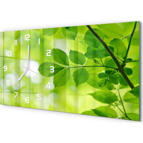 Horloge Murale Panoramique Moderne 60x30 cm Verre Trempé Sans Tic-Tac Feuilles vertes (1/5)