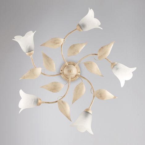 Deckenlampe aus Eisen Elfenbein Gold fünf Lichter Alabaster Weißglas 70x h20 cm