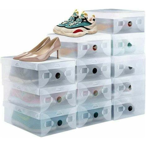Cajas apilables para zapatos, paquete de 12 unidades, transpirables, resistentes, de plástico transparente con puertas frontales para guardar zapatillas deportivas (Talla 39). (1/4)
