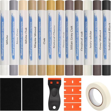 Kit Reparation pour Parquet, 12 Couleurs Réparation de Cire Dure avec Outils pour Stratifié, Sol en Vinyle, Meubles en Bois, Kit de Réparation des Rayures pour les Fissures Trous (1/5)
