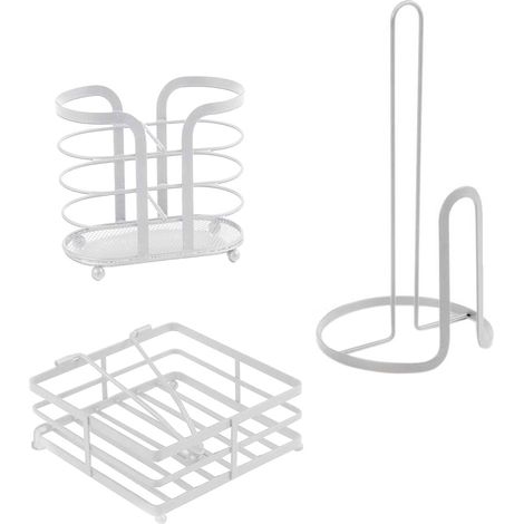 SET DA CUCINA IN FILO DI FERRO 16X16X31CM IN COLORE BIANCO CON PORTAROTOLO. PORTATOVAGLIOLI E PORTABICCHIERI (1/2)