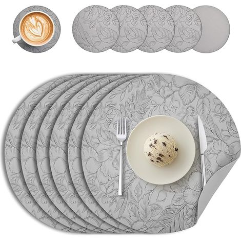 Tapis de repas de jour avec sous - verres Set de 6, tapis de repas rond en cuir double face, tapis de repas en plastique lavable et antidérapant, sous - verres résistants à la chaleur (gris) (1/5)