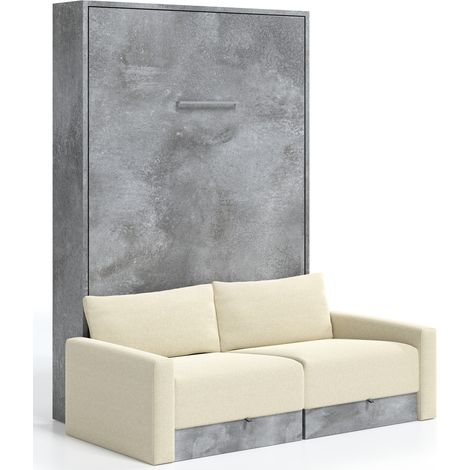 Lit escamotable vertical à tiroirs et canapé tissu VALENCIA Matelas mousse 18 cm Naturel-Avec matelas-80x180-Canapé Naturel-Structure Gris ciment (1/5)