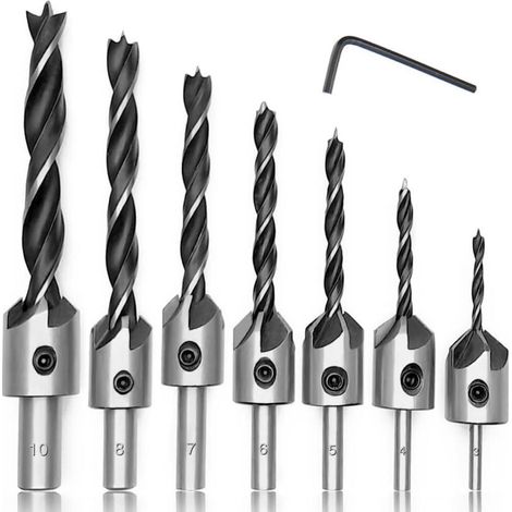 7-teiliges Set konischer Holzbohrer aus Stahl – Fräser mit Innensechskantschlüssel, 5-schneidige Herzbohrer für die Zimmerei, 3, 4, 5, 6, 7, 8, 10 mm (1/5)