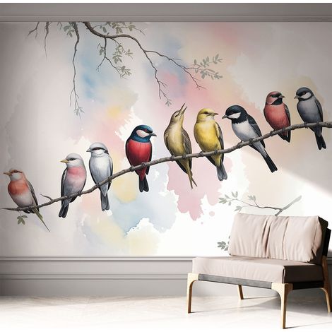 Tapete Selbstklebend - abwaschbar - trendige Wanddeko - elegant Fototapete  Vögel auf einem Ast 312x219 cm (1/5)