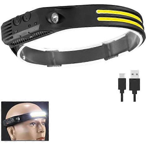Lampe frontale rechargeable, 1000 lumens, faisceau large 230°, ultra-lumineuse, avec capteur mains libres, batterie LED 1500 mAh, étanche IPX5 et légère.