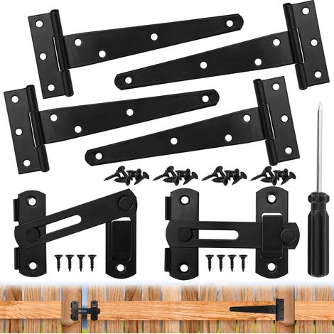 Lot de 4 verrous de porte et charnières de porte en bois - Noir - 15,2 cm - 2 verrous de porte extérieurs pliables à 180° - Avec 36 vis - Tournevis - Charnières en T pour portes de jardin, fenêtres (1/5)
