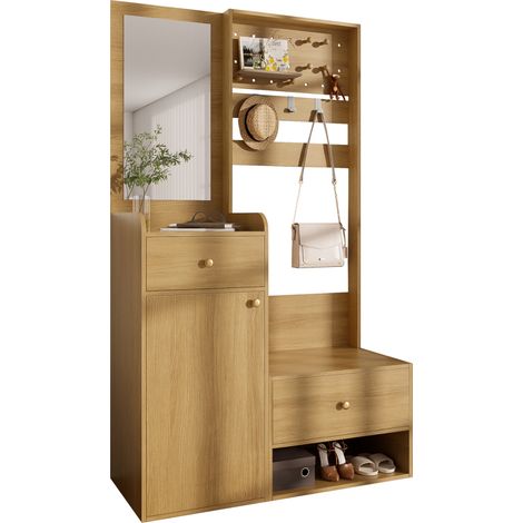 Meuble d'entrée multifonction avec miroir, 2 tiroirs, armoire fermée, étagère ouverte et crochets réglables pour petits espaces, finition bois – CHICFURN (1/5)