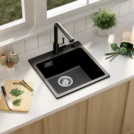 Sofetiy Max Lavello in granito 45 x 45 cm, lavello sottotop con sifone, piletta e troppopieno, lavello da cucina piccolo in granito