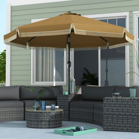 Parasol Ø265 cm, patio avec franges, parasol de plage inclinable avec 8 nervures, idéal pour jardin et balcon en kaki