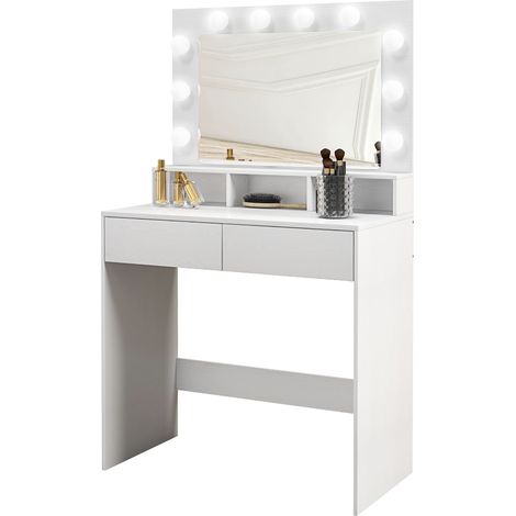HOMCOM Tavolo da Trucco con Specchio e Luci, 2 Cassetti e 3 Scomparti Bianco